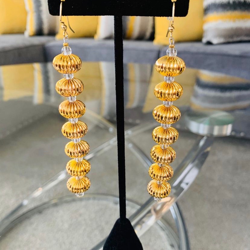 Gold Bulb Shaped Earrings W/ Clear Beads